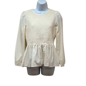 Marine Layer Gabrielle Smocked Long Sleeve Top Ivory Cotton Lyocell Blend Size L
